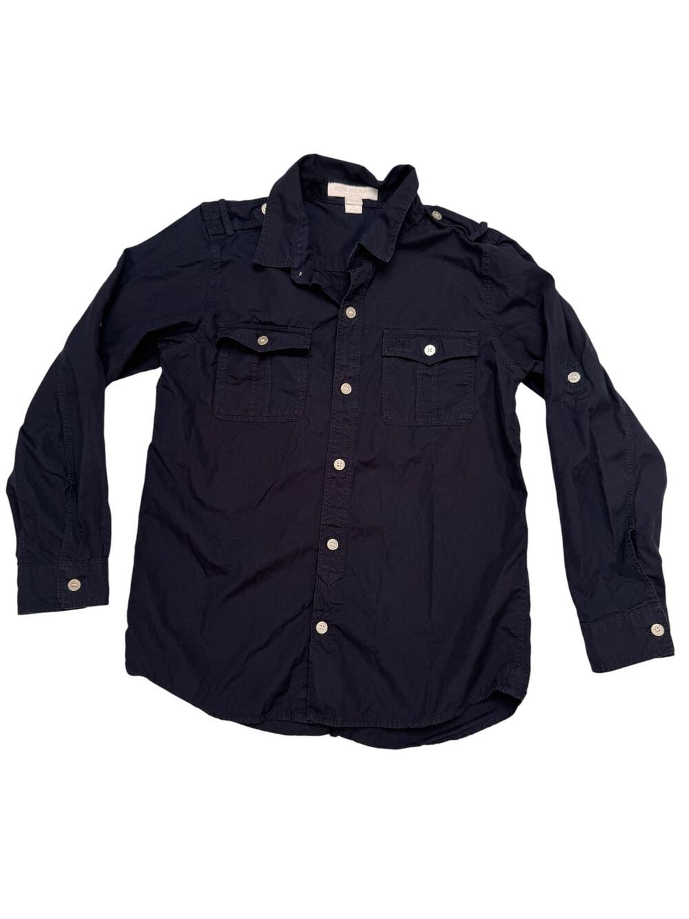 BURBERRY Children Blue Button Up Long Sleeve Shirt Size 8 Boys Utility Pockets